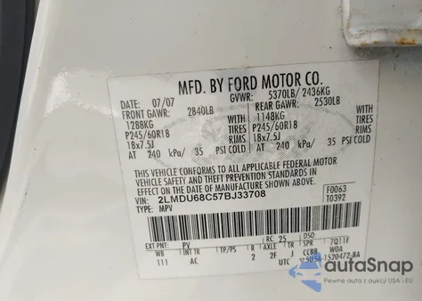 2007 Lincoln Mkx из США, поврежденный, VIN 2LMDU68C57BJ33708